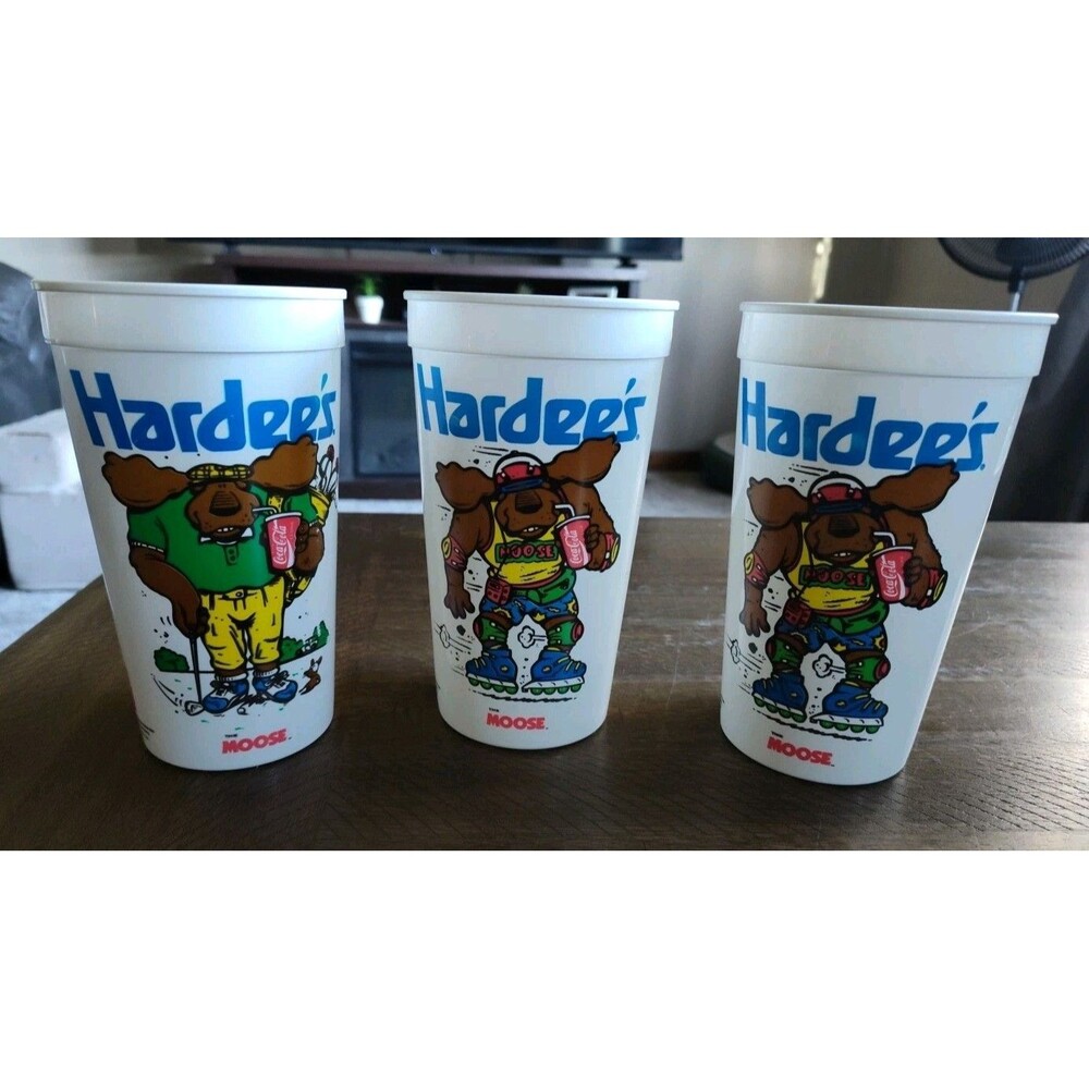 3 Hardee’s  Moose Coca Cola Collectible 32oz Plastic Cups